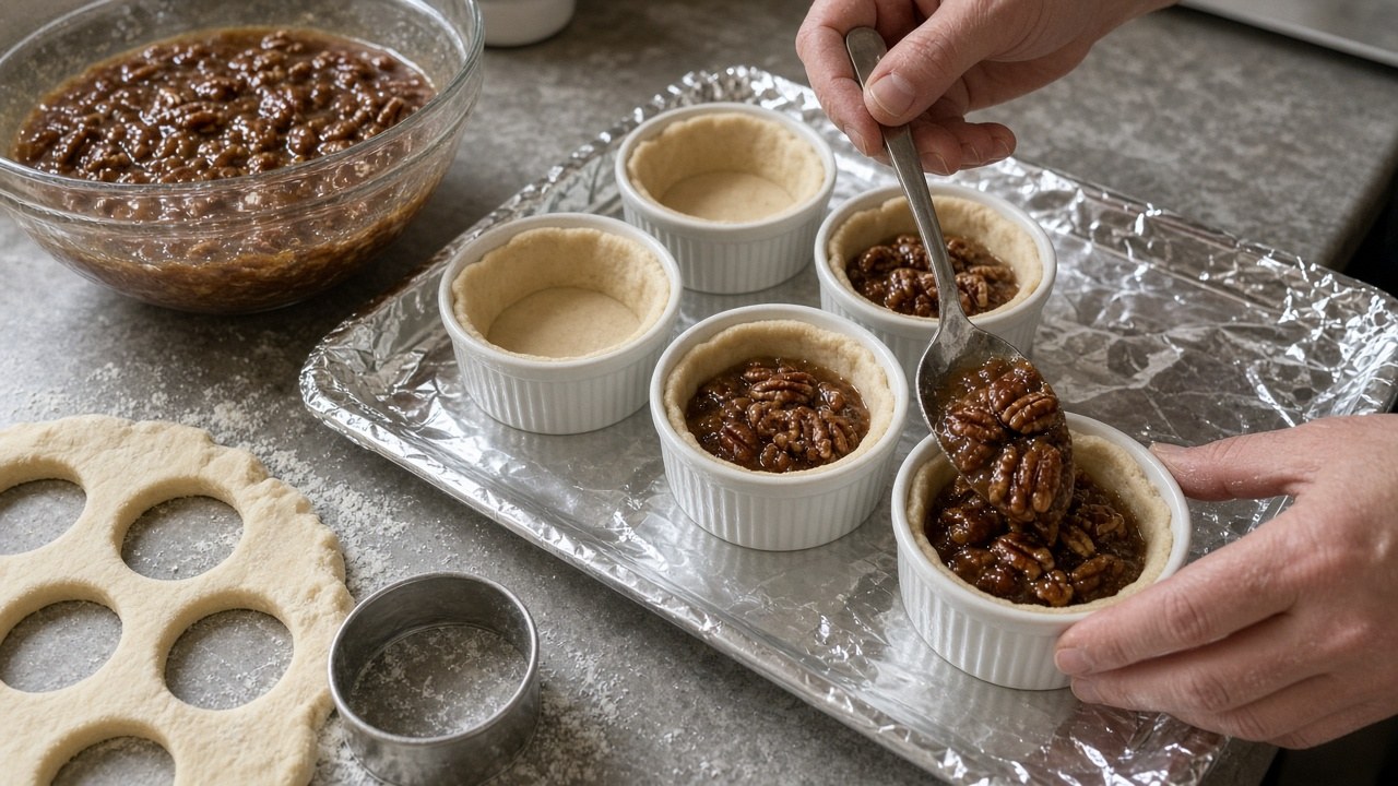 Hands layering pie crust pieces and pecan filling in ramekins