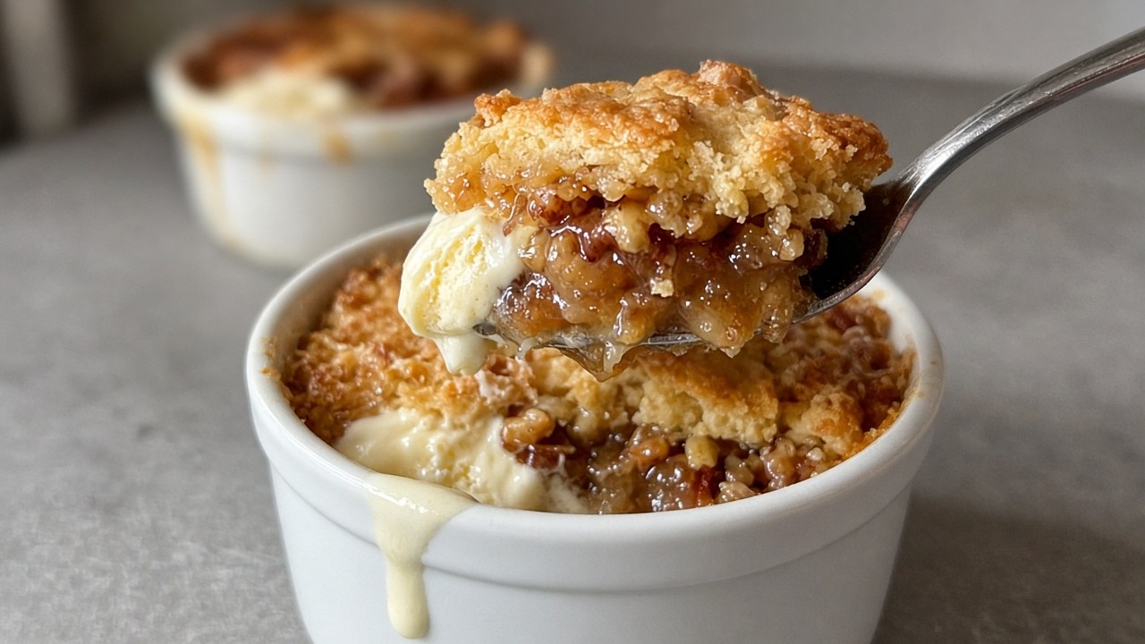 Spoonful of mini pecan pie cobbler showing gooey layers