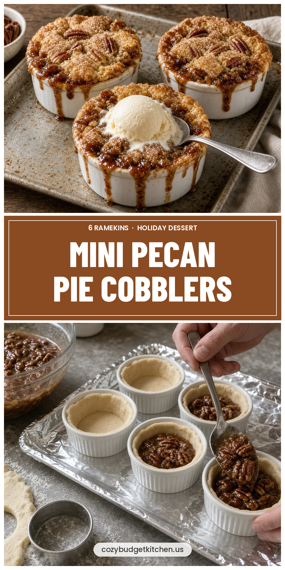 Mini Pecan Pie Cobblers: Easy 6-Ramekin Holiday Dessert - recipe pin from Cozy Budget Kitchen