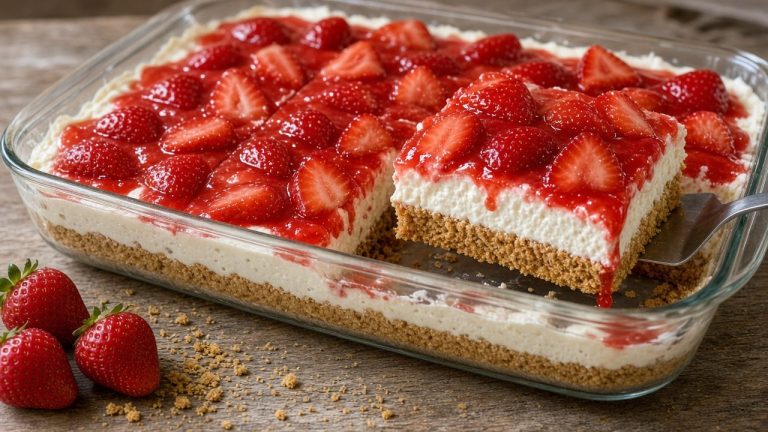 No-bake strawberry dessert squares in a 9x13 pan