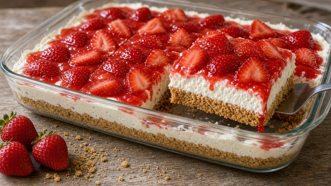 No-bake strawberry dessert squares in a 9x13 pan