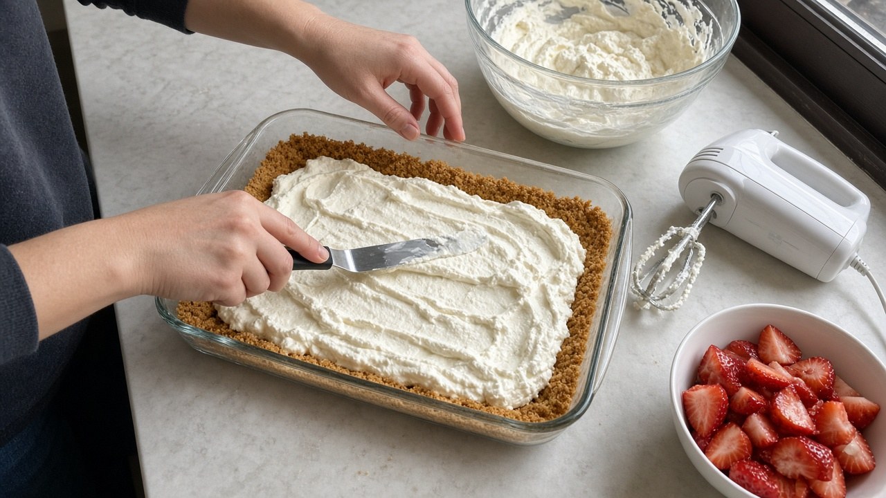 Hands spreading cream cheese filling over a graham cracker crust