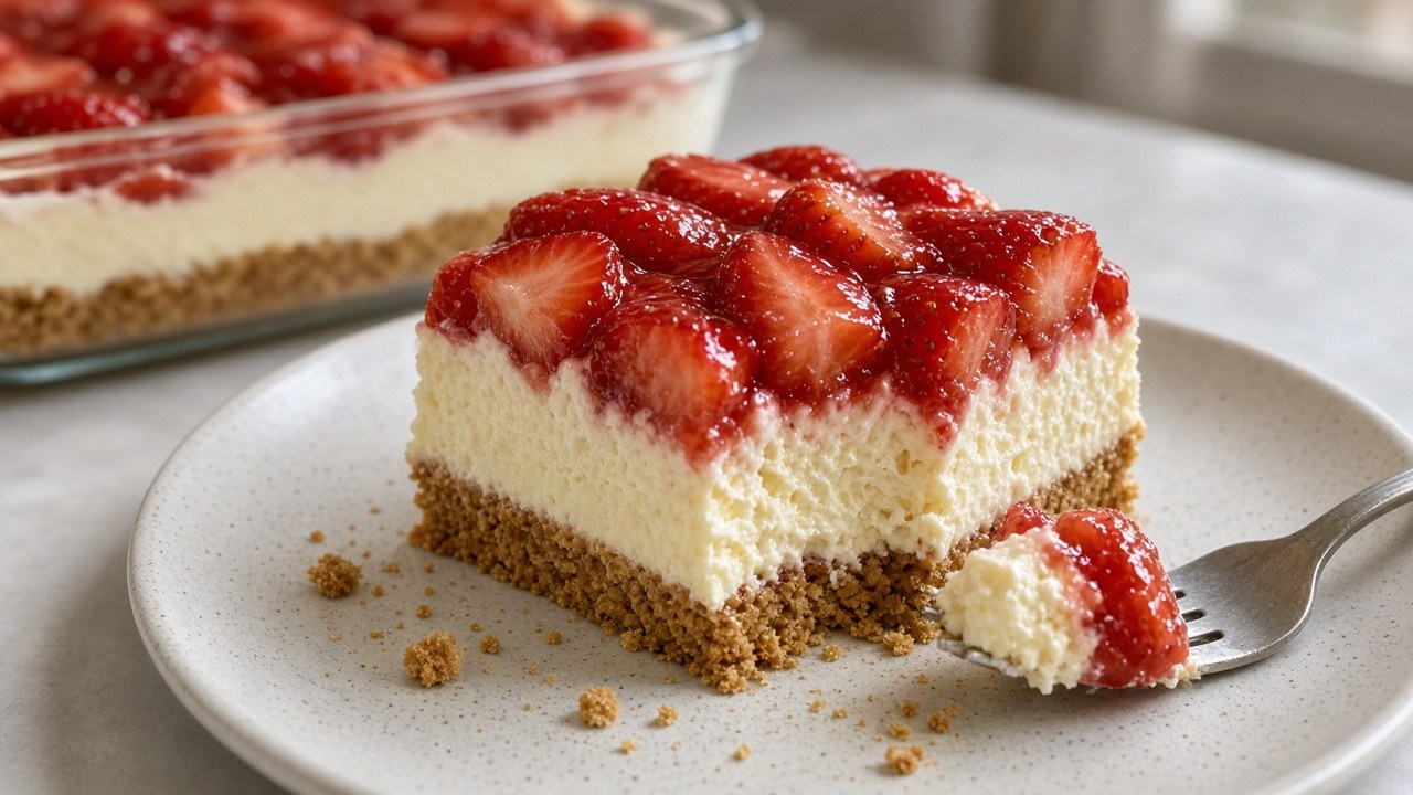 Square of no-bake strawberry dessert on a plate