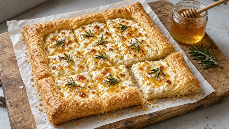 Rosemary goat cheese tart cut into squares on a wooden board