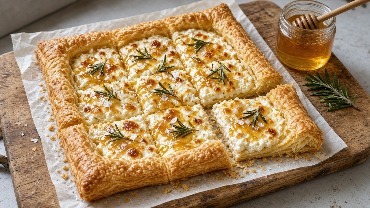 Rosemary goat cheese tart cut into squares on a wooden board