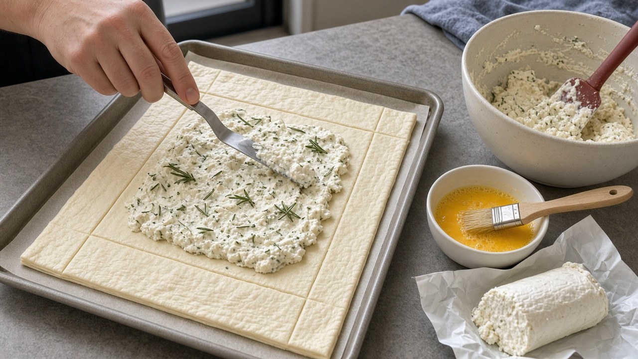 Hands spreading goat cheese filling on puff pastry for a rosemary goat cheese tart