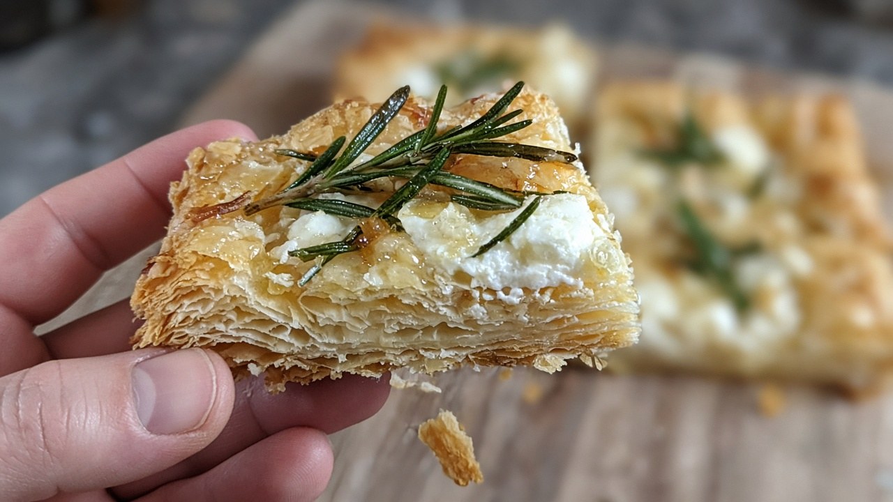 Close-up of a square of goat cheese puff pastry tart with honey