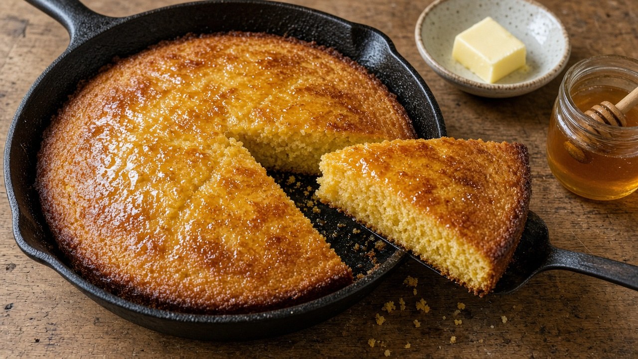 Skillet honey cornbread in a cast iron pan with wedges cut