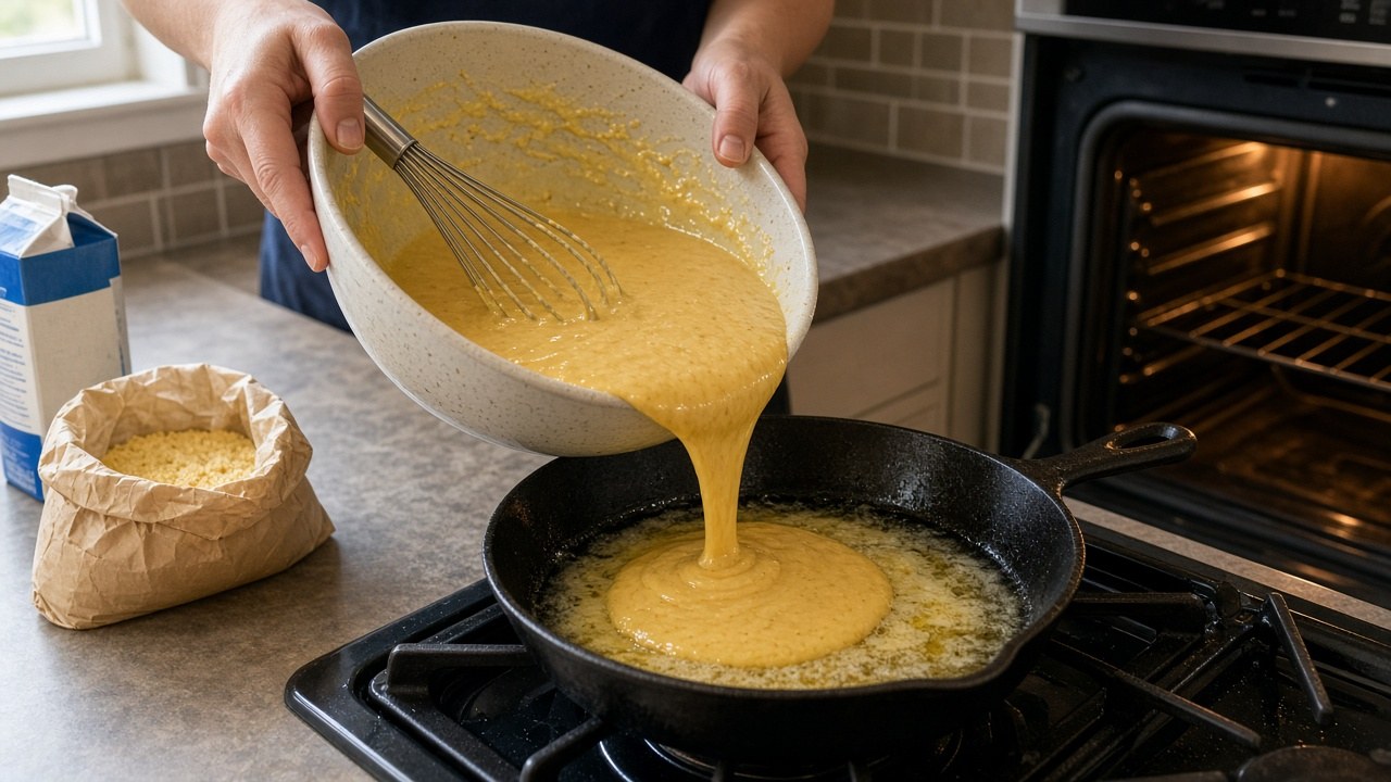 Skillet Honey Cornbread: Easy 1-Bowl Cast Iron Recipe 4 Hands pouring cornbread batter into a hot buttered cast iron skillet