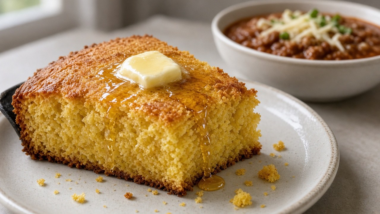 Skillet Honey Cornbread: Easy 1-Bowl Cast Iron Recipe 5 Wedge of skillet honey cornbread with butter and honey on a plate