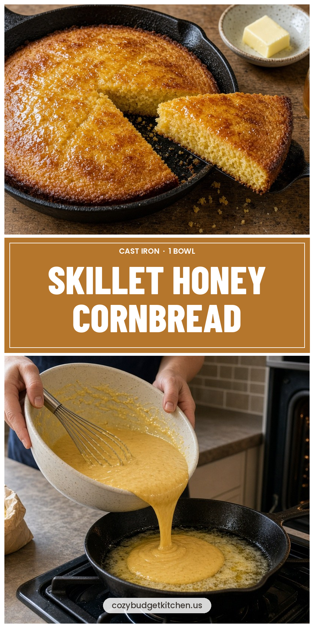 Skillet Honey Cornbread: Easy 1-Bowl Cast Iron Recipe 2 Skillet Honey Cornbread: Easy 1-Bowl Cast Iron Recipe - recipe pin from Cozy Budget Kitchen