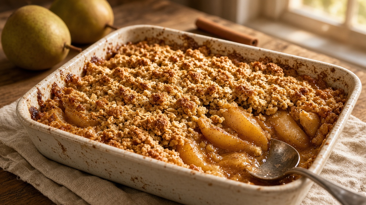 Spiced pear crisp with oat topping in a baking dish with a scoop taken out
