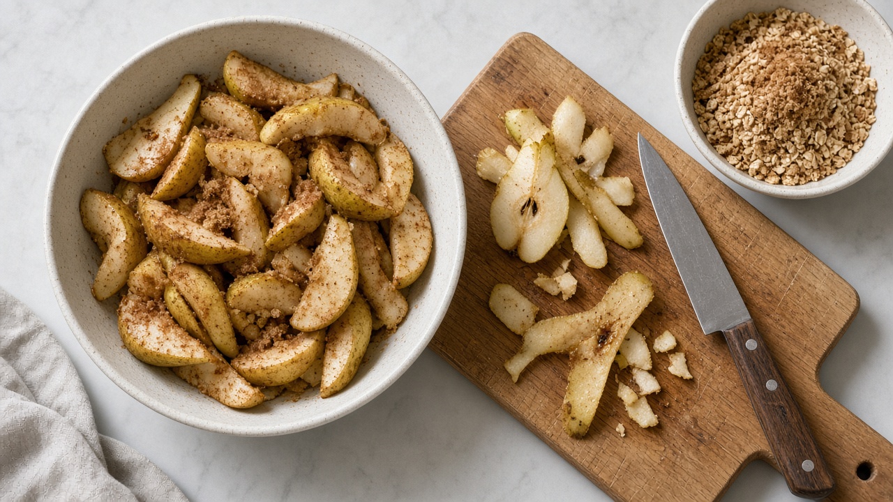 Spiced Pear Crisp: Easy 1-Dish Vegan Fall Dessert 5 Warm pear crisp in a bowl with a scoop of vanilla ice cream