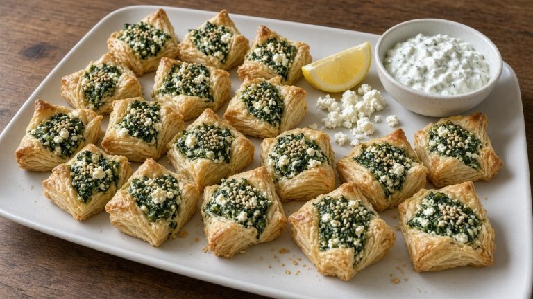 Spinach feta puff pastry bites on a serving platter