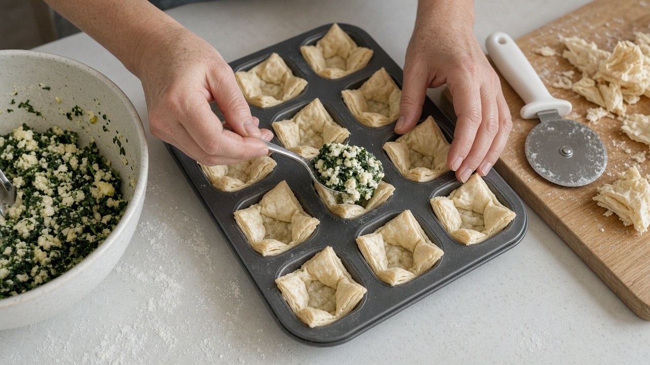 Hands spooning spinach feta filling into puff pastry squares in a mini muffin pan