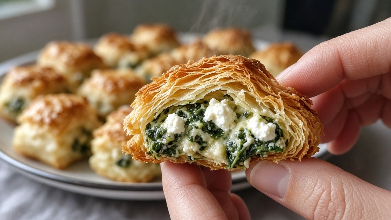 Close-up of a spinach feta puff pastry bite broken open