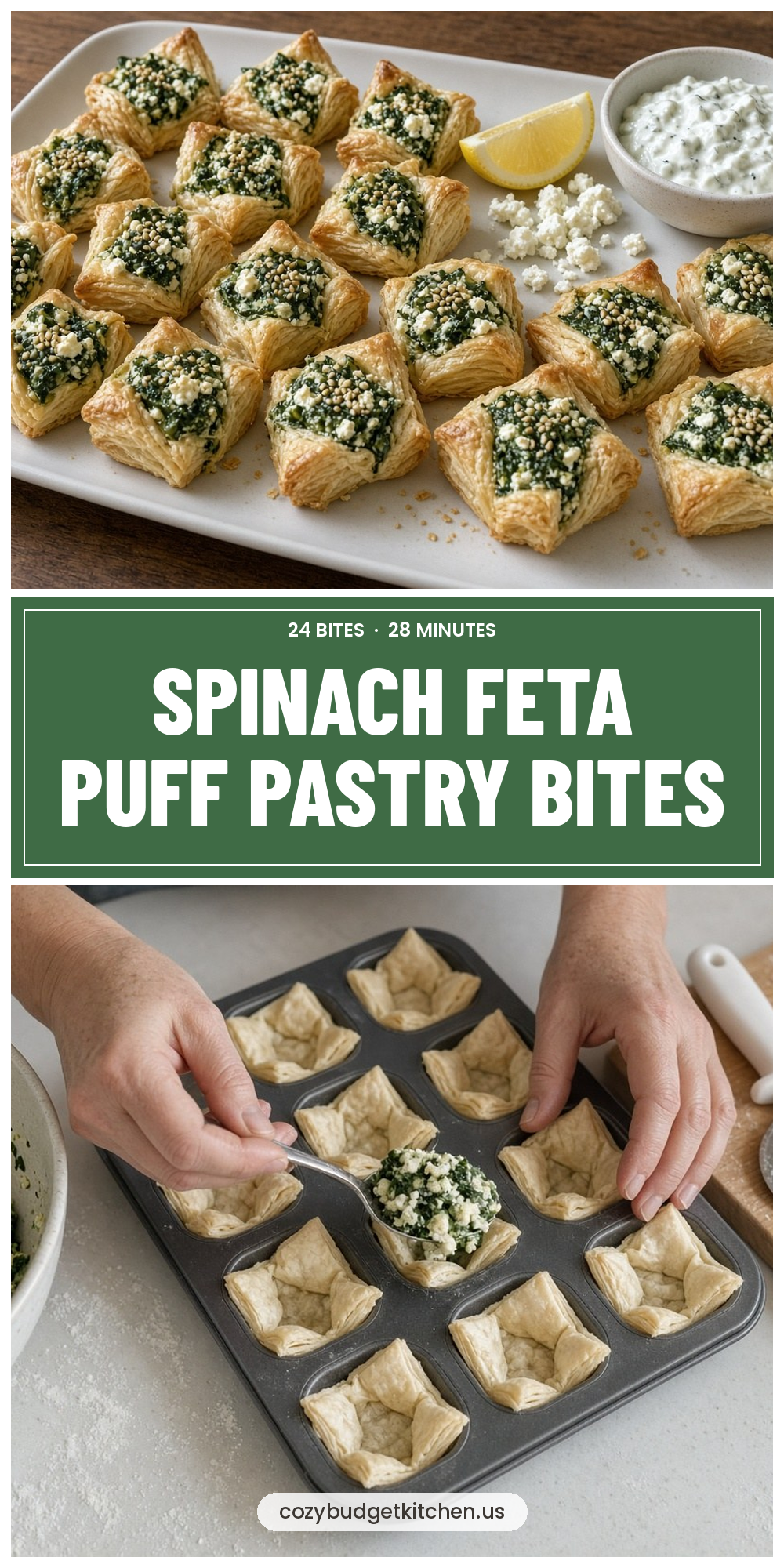 Spinach Feta Puff Pastry Bites: Easy 24-Piece Appetizer - recipe pin from Cozy Budget Kitchen