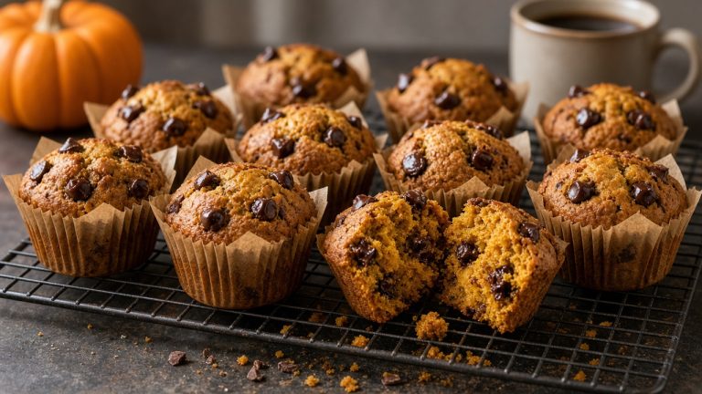 Vegan pumpkin chocolate chip muffins on a cooling rack with one split open