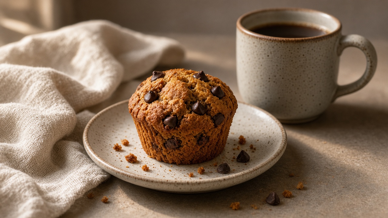 Pumpkin muffin batter with chocolate chips in a mixing bowl