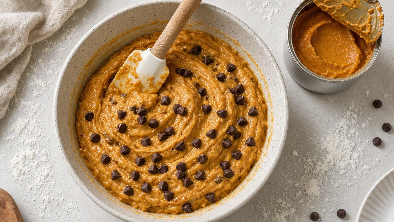 Pumpkin chocolate chip muffin on a plate next to a cup of coffee
